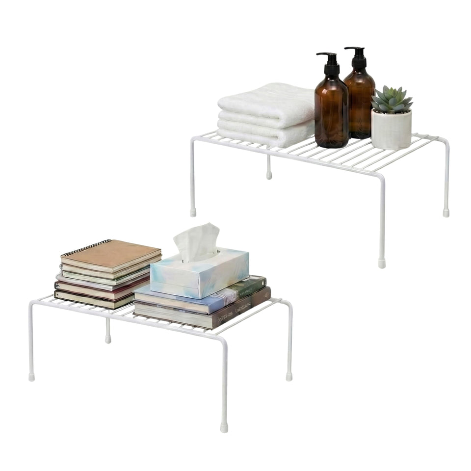 Evelots wire rack cabinet organizer 2-pack keeps spices and dishes easily accessible.