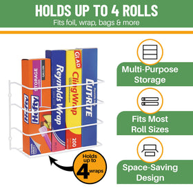 Evelots wrap organizer cabinet door mount keeps foil and plastic wrap within reach.
