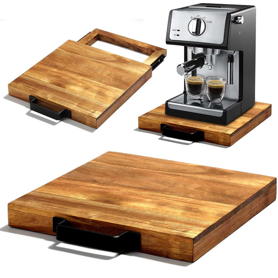 EVERBBKING acacia sliding tray with coffee machine on countertop for easy access
