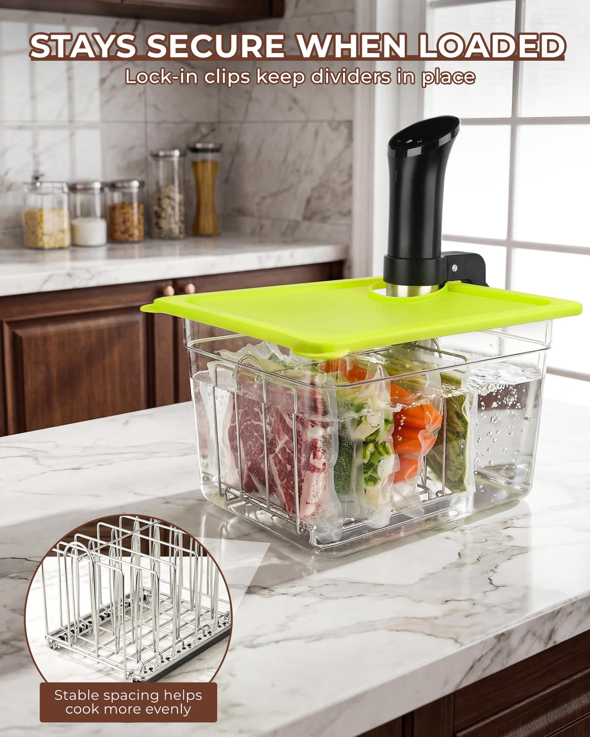EVERIE adjustable dividers customize spacing for proteins and vegetables.