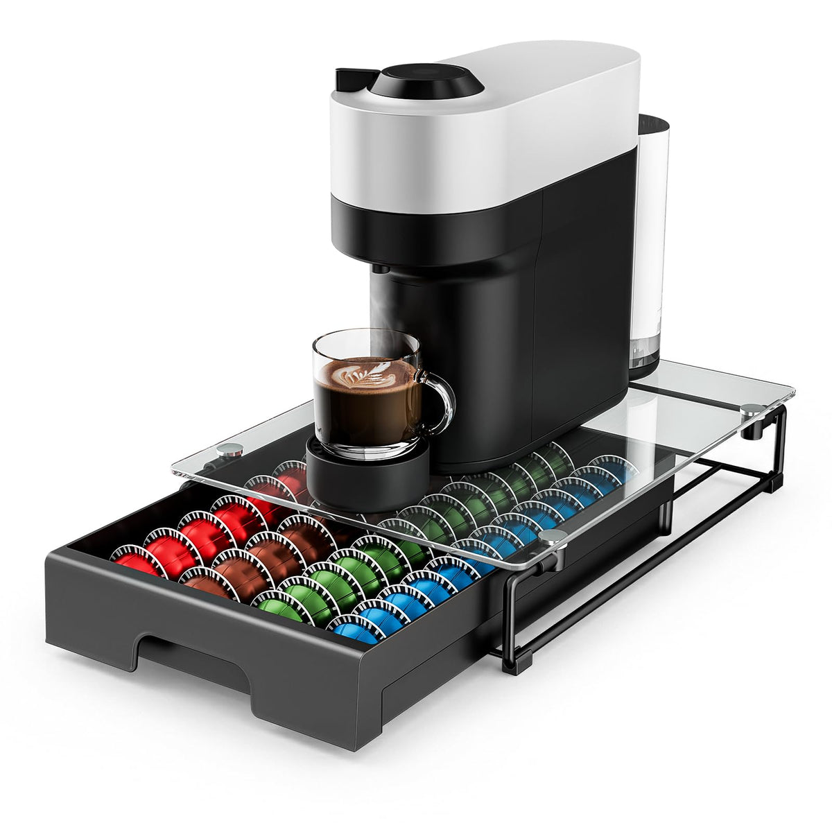 EVERIE coffee pod drawer under the machine with smooth pull-out for quick capsule access.