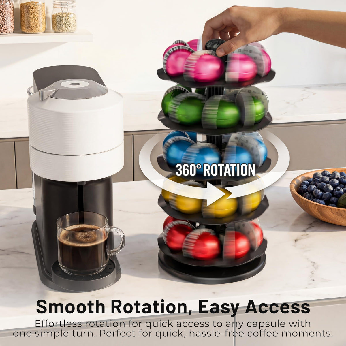 Everie coffee pod holder base-diameter close-up highlighting compact footprint.