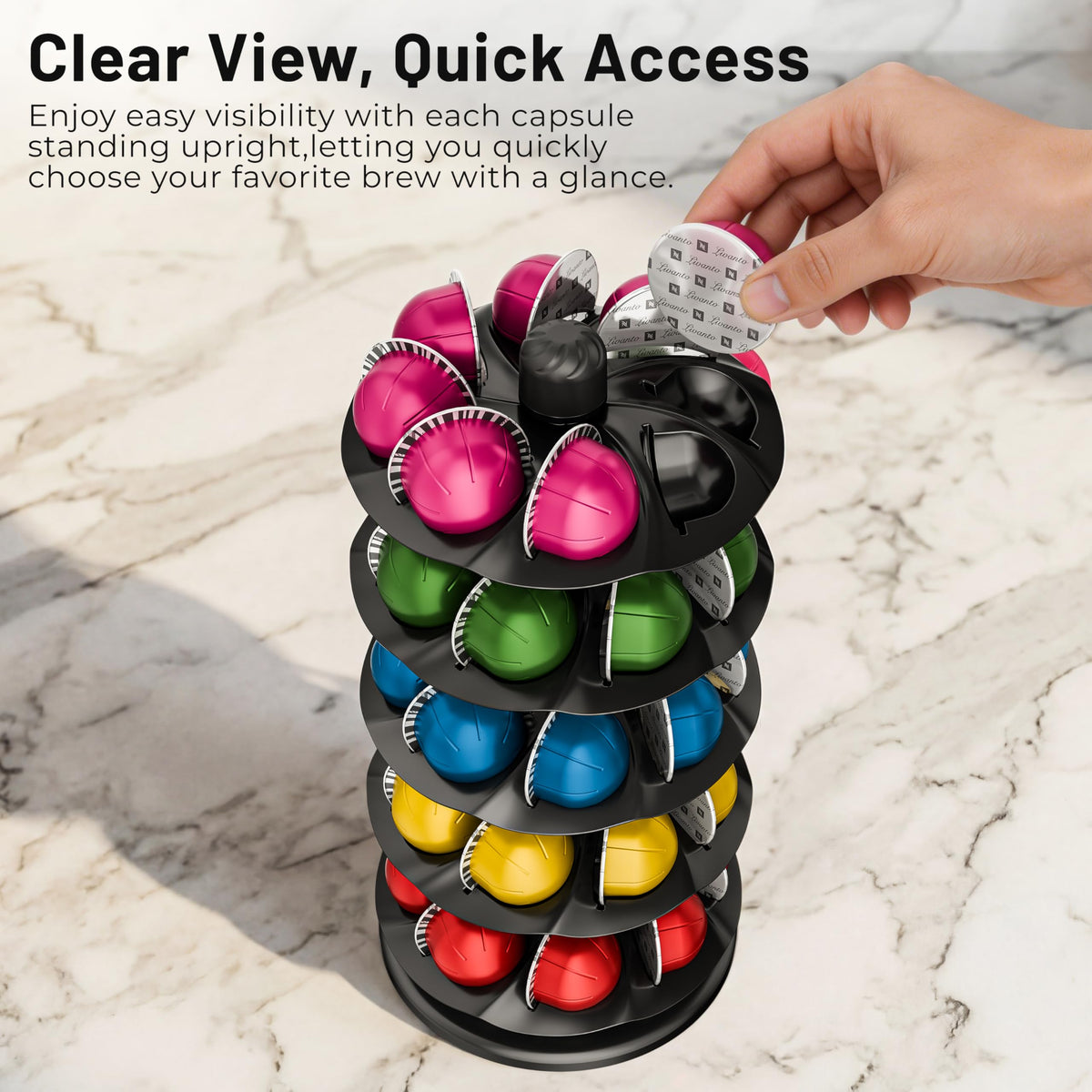 Everie countertop display with visible labels and color bottoms for at-a-glance selection.