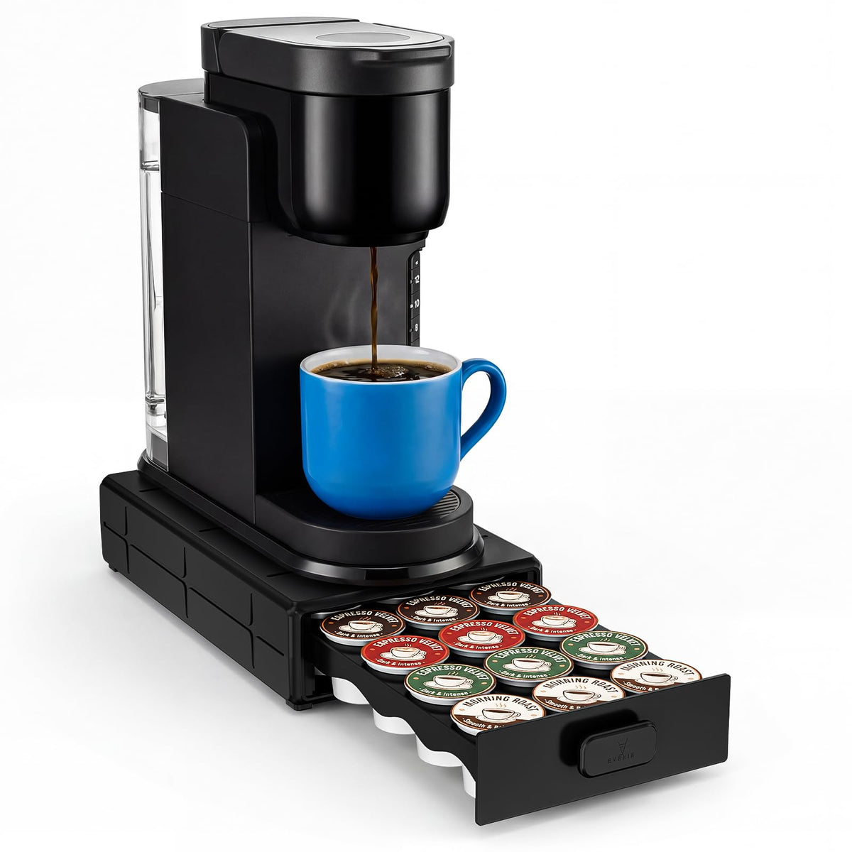 EVERIE coffee pod organizer front view showing 18 K-Cups neatly stored for quick mornings