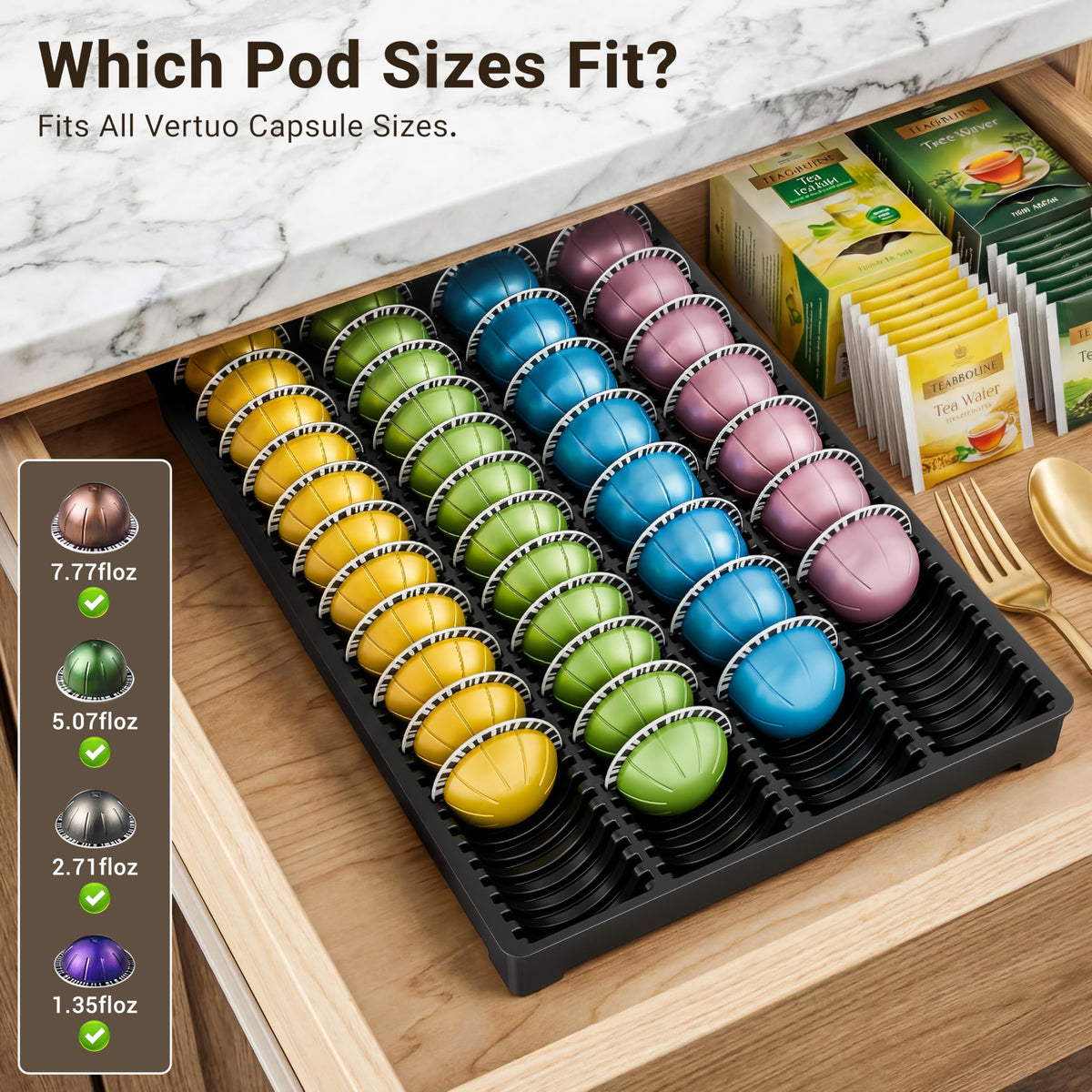 EVERIE drawer organizer holding 52 small Vertuo capsules neatly arranged for easy selection