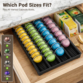 EVERIE drawer organizer holding 52 small Vertuo capsules neatly arranged for easy selection