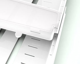 EVERIE length adjustable lid organizer fits cabinets from 13.4 to 20.5 inches.