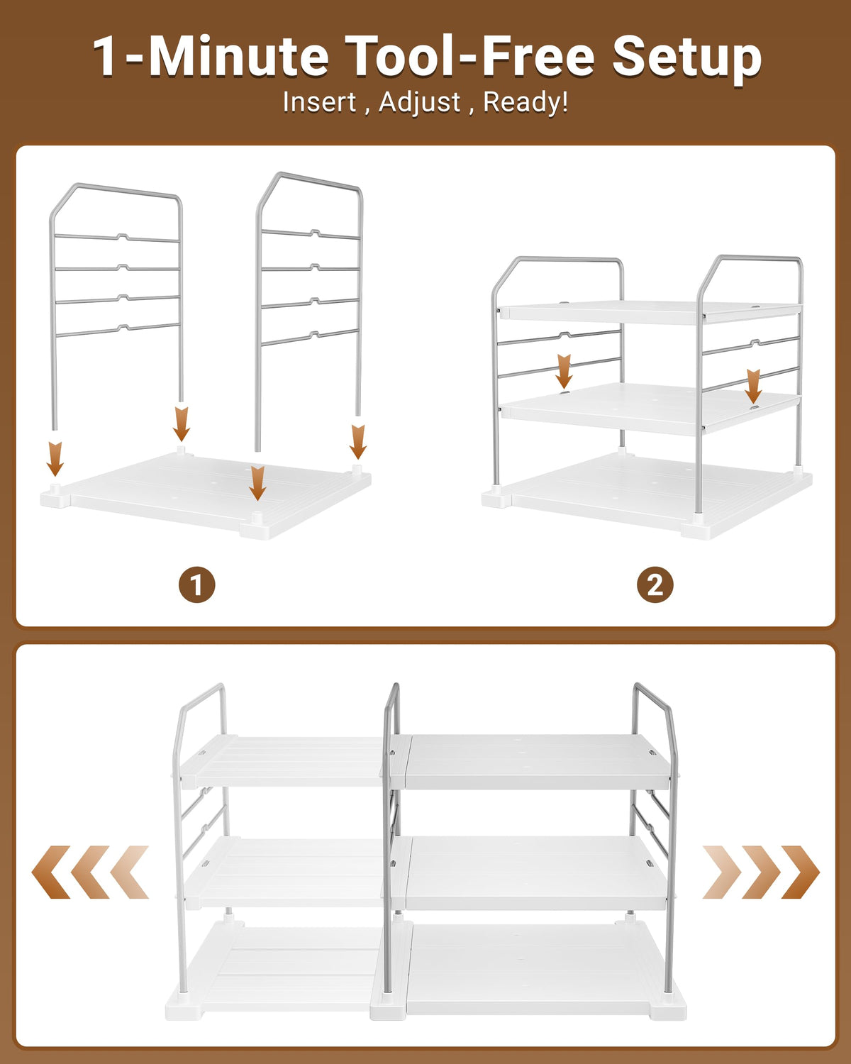 EVERIE extendable 3-tier organizer features adjustable levels for custom spacing