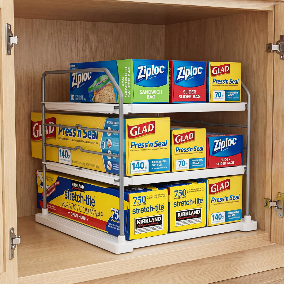 EVERIE extendable 3-tier organizer shows foil roll neatly stored and accessible
