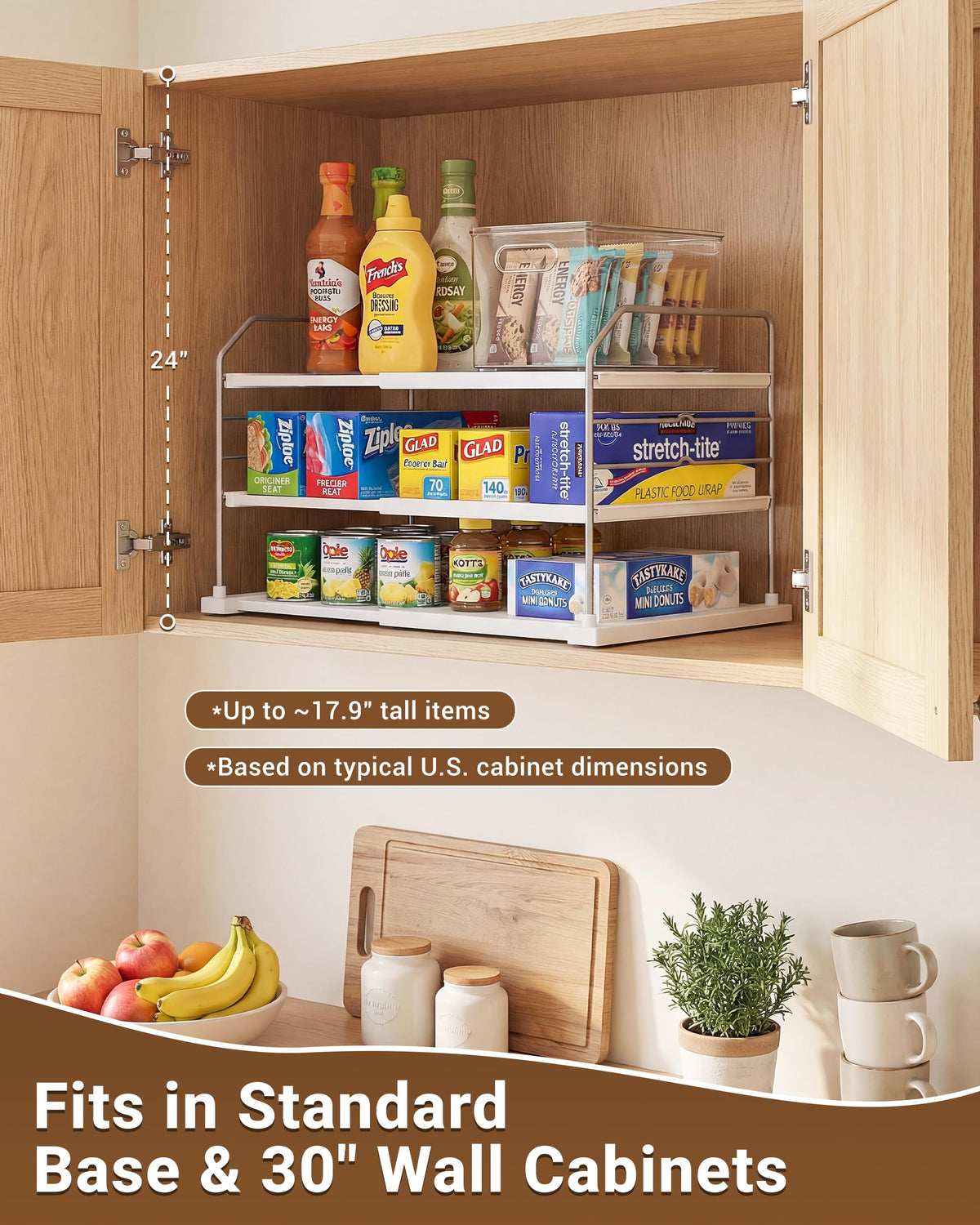EVERIE extendable 3-tier organizer keeps glass jars and canisters neatly arranged