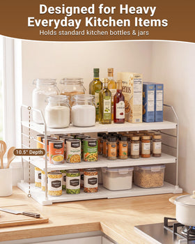 EVERIE extendable 3-tier organizer on pantry shelf improves visibility and access