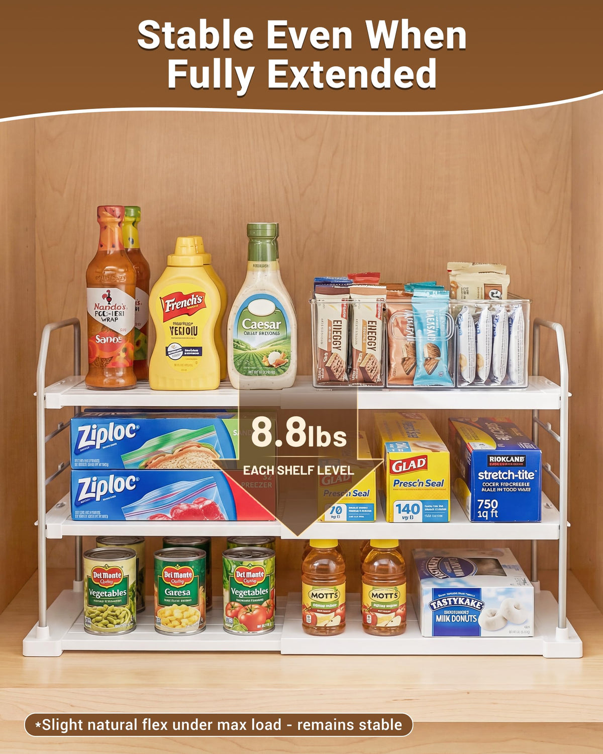 EVERIE extendable 3-tier organizer uses reinforced steel frame for durability