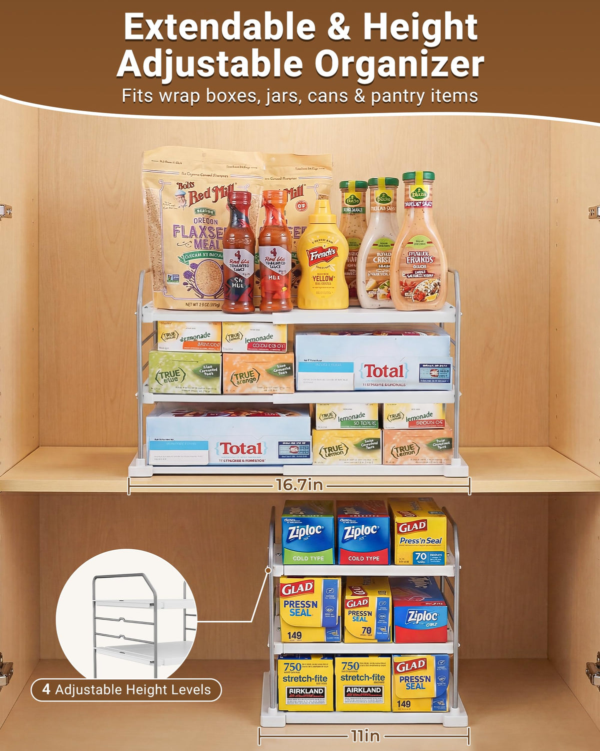 EVERIE extendable 3-tier organizer holds food storage bags and parchment for easy prep
