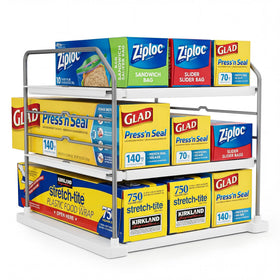EVERIE extendable 3-tier organizer with wrap boxes keeps kitchen staples within reach