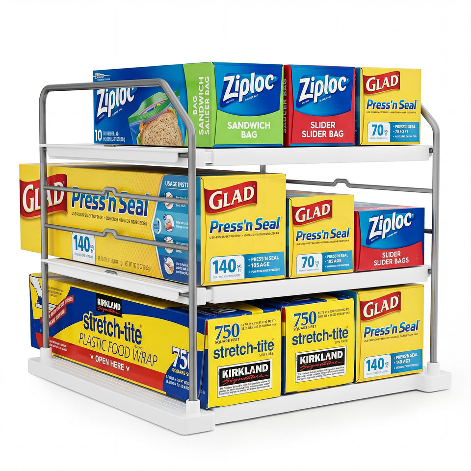 EVERIE extendable 3-tier organizer with wrap boxes keeps kitchen staples within reach