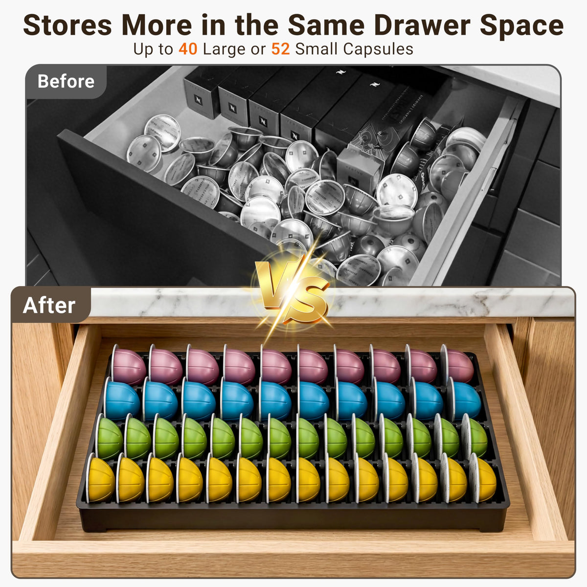 EVERIE flexible-track insert adapts to drawer widths, maximizing space and keeping Vertuo capsules organized