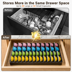 EVERIE flexible-track insert adapts to drawer widths, maximizing space and keeping Vertuo capsules organized