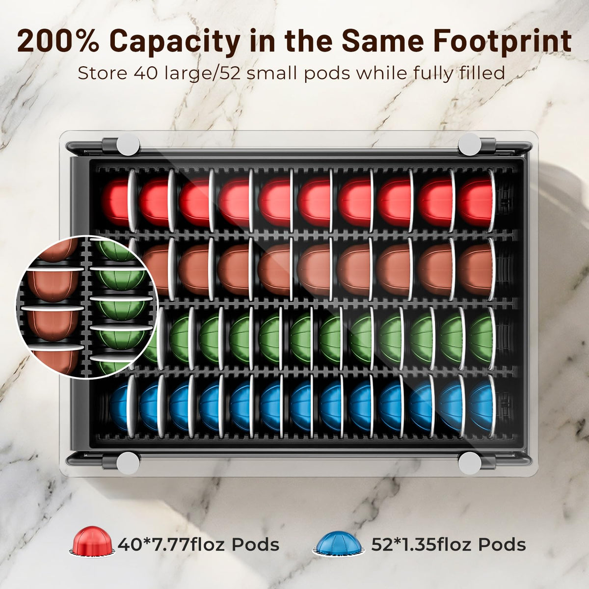 EVERIE high-capacity organizer fits up to 40 large Vertuo capsules or 52 small capsules.