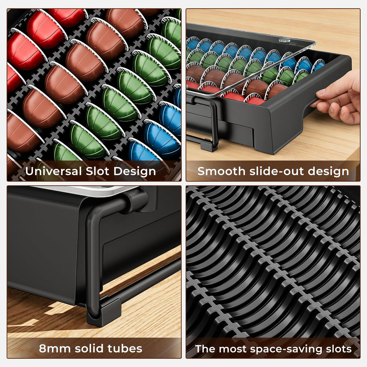EVERIE smooth-drawer with secure slots prevents tipping while opening.