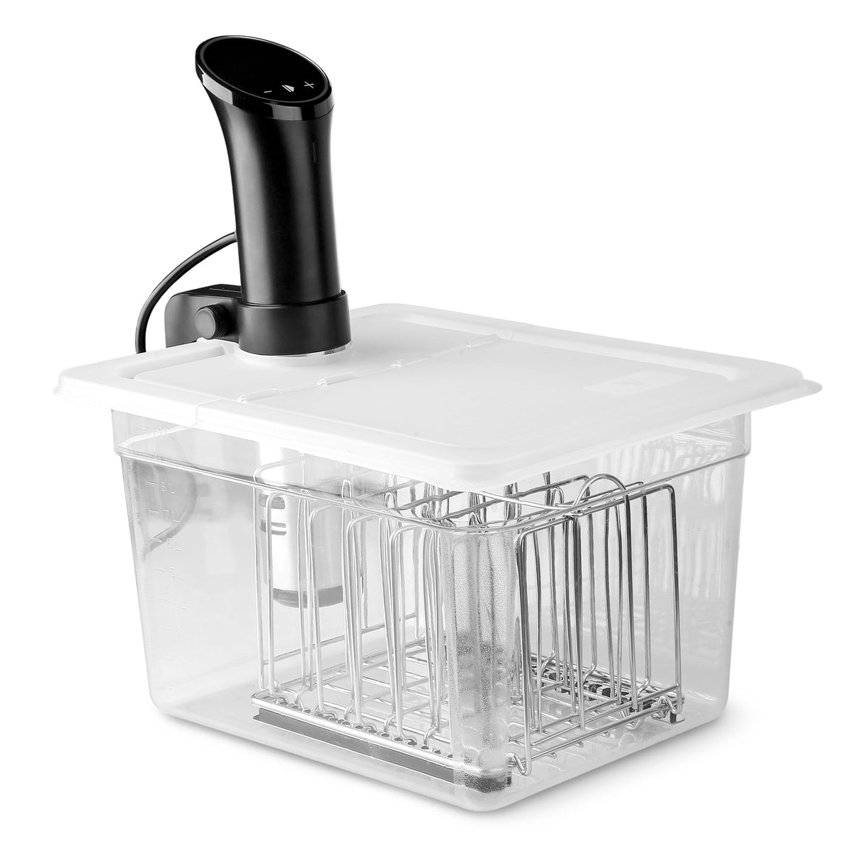 EVERIE stainless steel rack with dividers keeps bags submerged evenly.