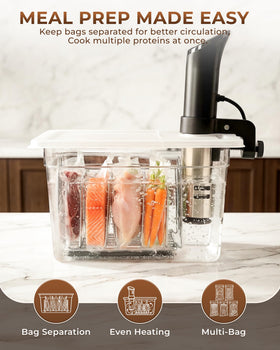 Everie wobble-free stainless rack divider keeps bags separated for even circulation.