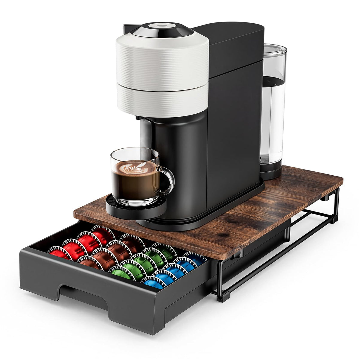 Everie wooden drawer on top of counter for easy access to pods.