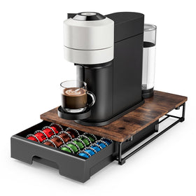 Everie wooden drawer on top of counter for easy access to pods.