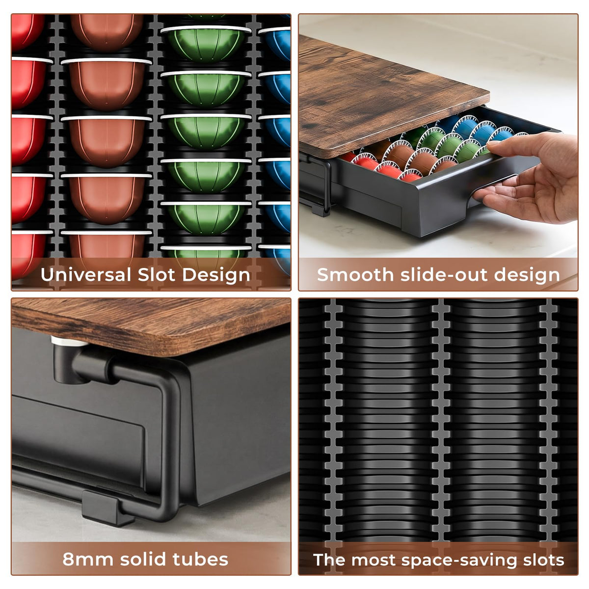 Everie drawer under Vertuo machine keeps capsules organized.