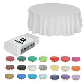 Evershine 84-inch round white tablecloth for events with a crisp, opaque backdrop.