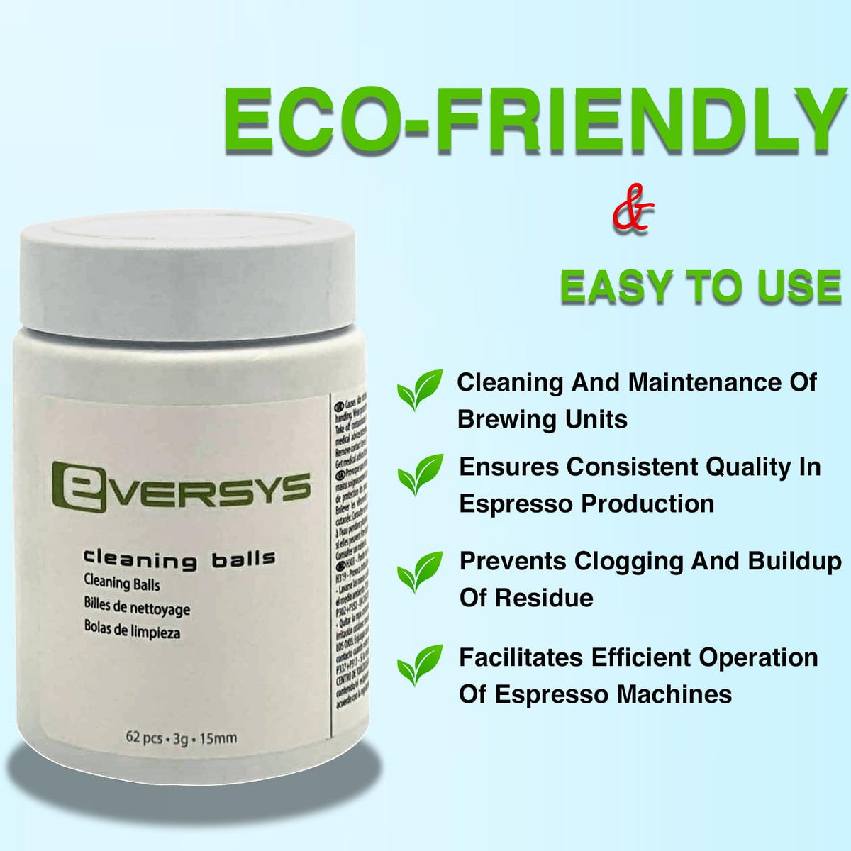 Closeup of Eversys cleaning balls, designed for simple coffee machine upkeep.