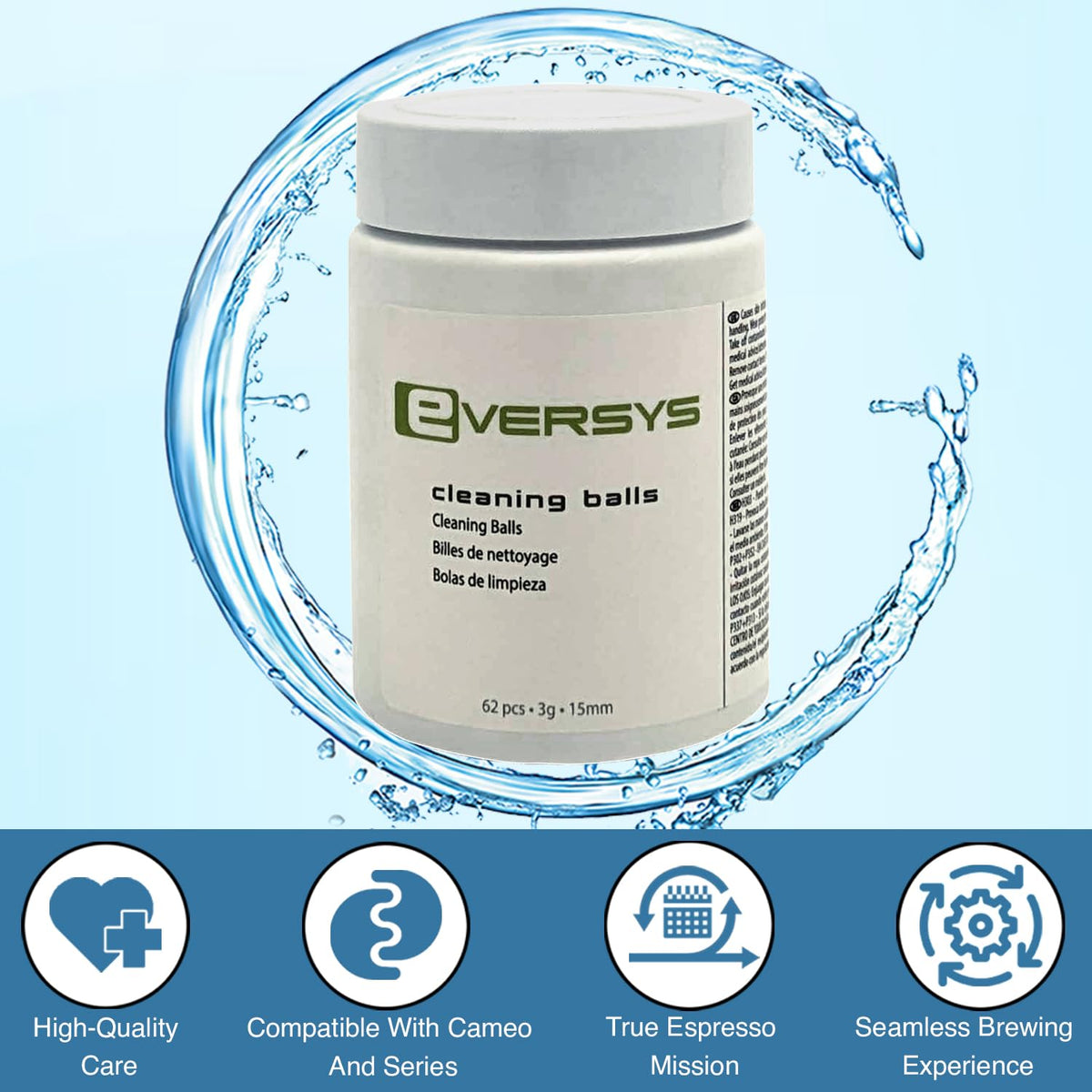 Eversys cleaning balls in brew unit, for thorough residue removal.