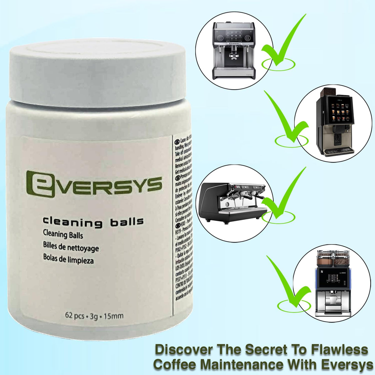 Eversys cleaning balls jar with liquid contents, ready to use.