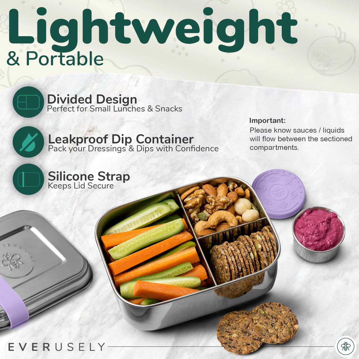 Everusely Bento Box lid and sauce container secured during transport