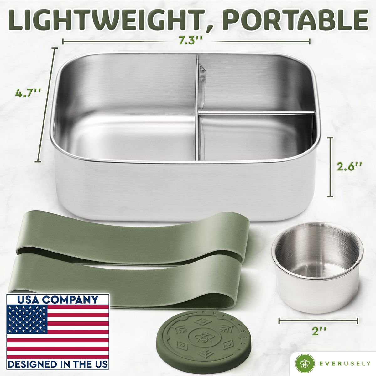Everusely bento compartments in stainless steel help organize meals neatly.