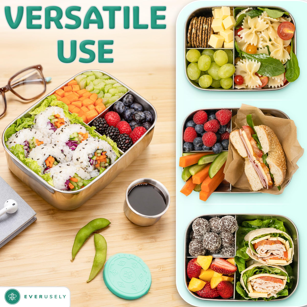 Everusely Bento silicone bands secure the meal to prevent spills.