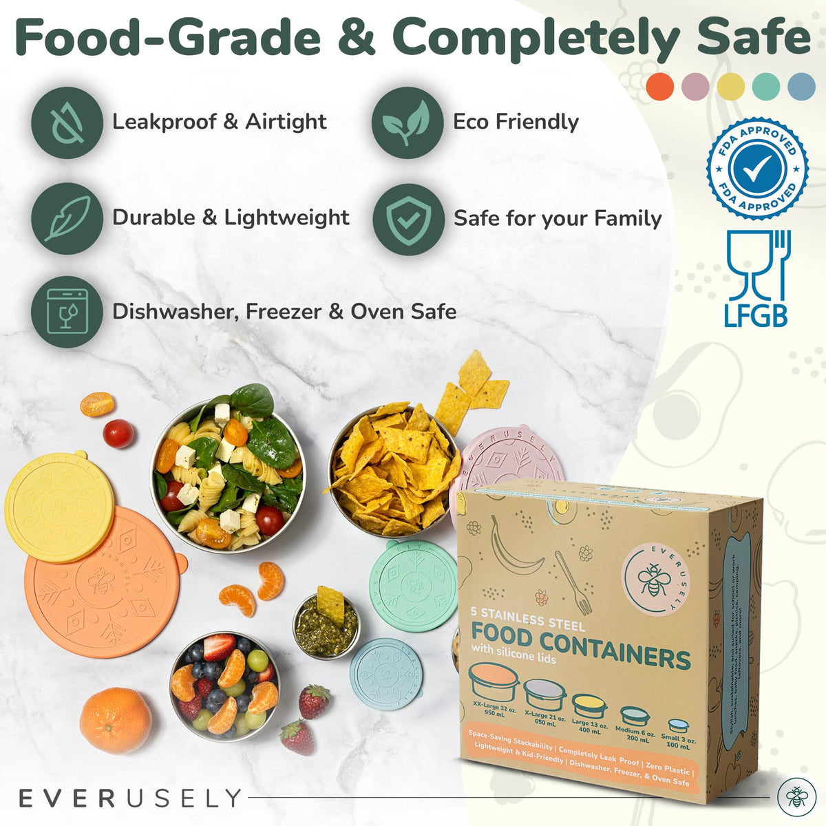 Everusely dishwasher-safe stainless steel containers for quick, thorough cleanup.