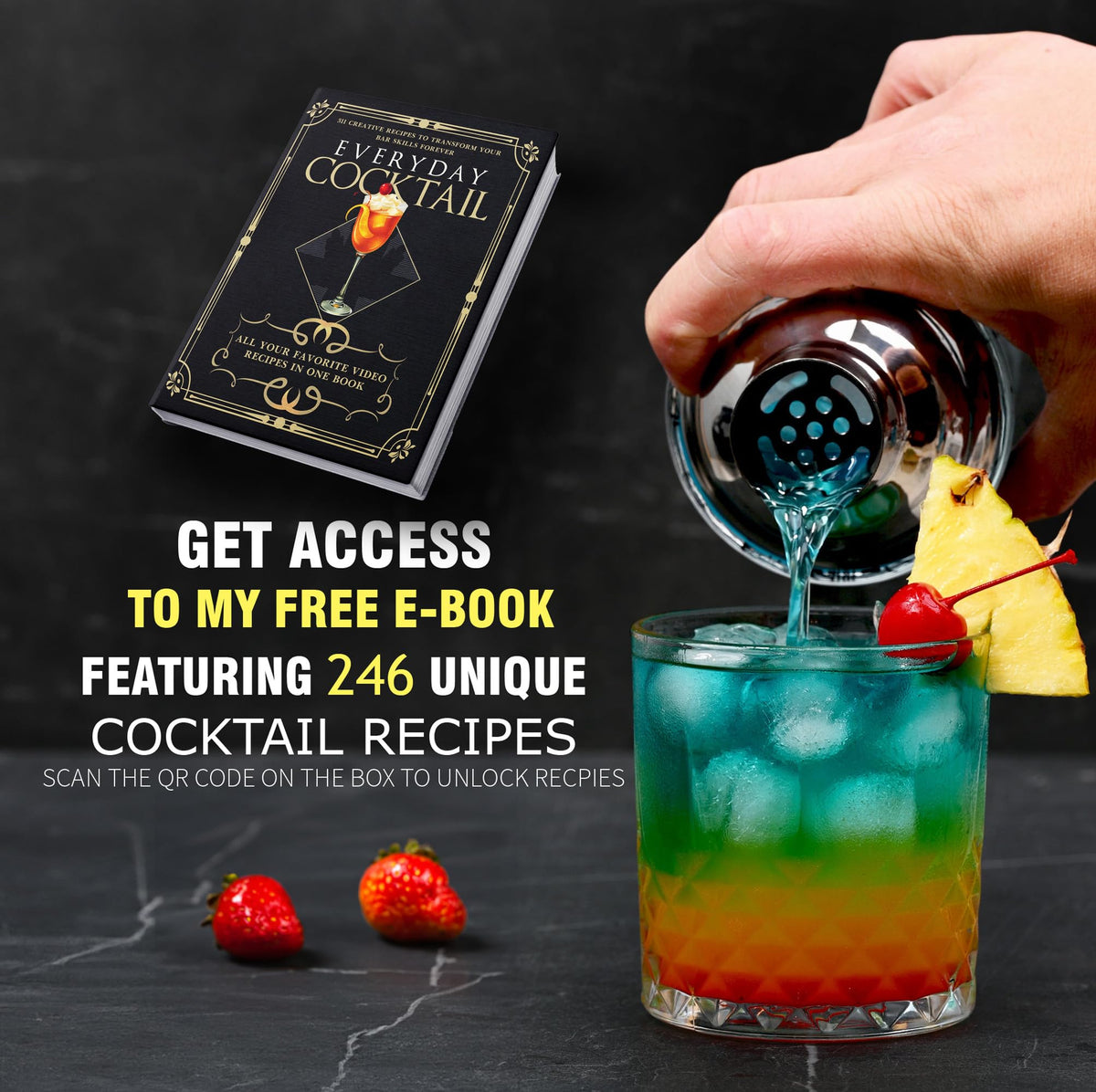 EVERYDAY COCKTAIL shaker side has recipes for quick cocktail ideas.