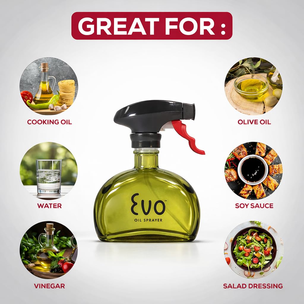 Evo Glass Oil Sprayer wide fan nozzle delivering even coating on vegetables and pans