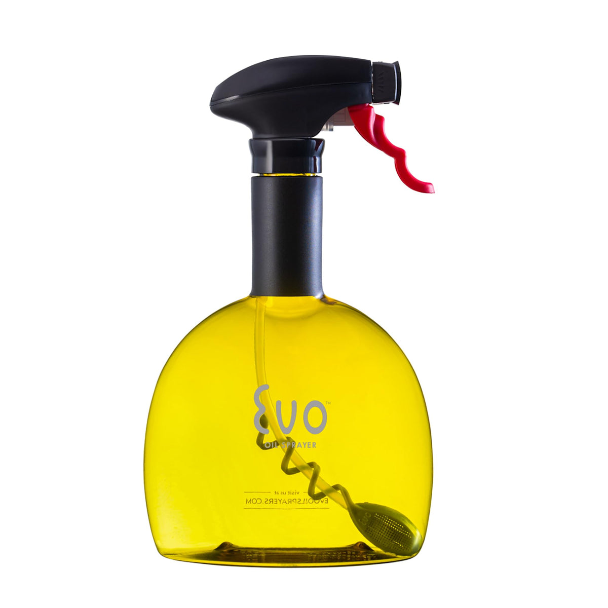 Evo Oil Sprayer bottle front view highlights its sleek design for easy kitchen use