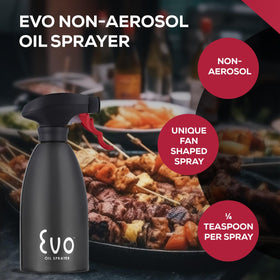 Evo Oil Sprayer with fan-pattern spray coats more surface with less oil