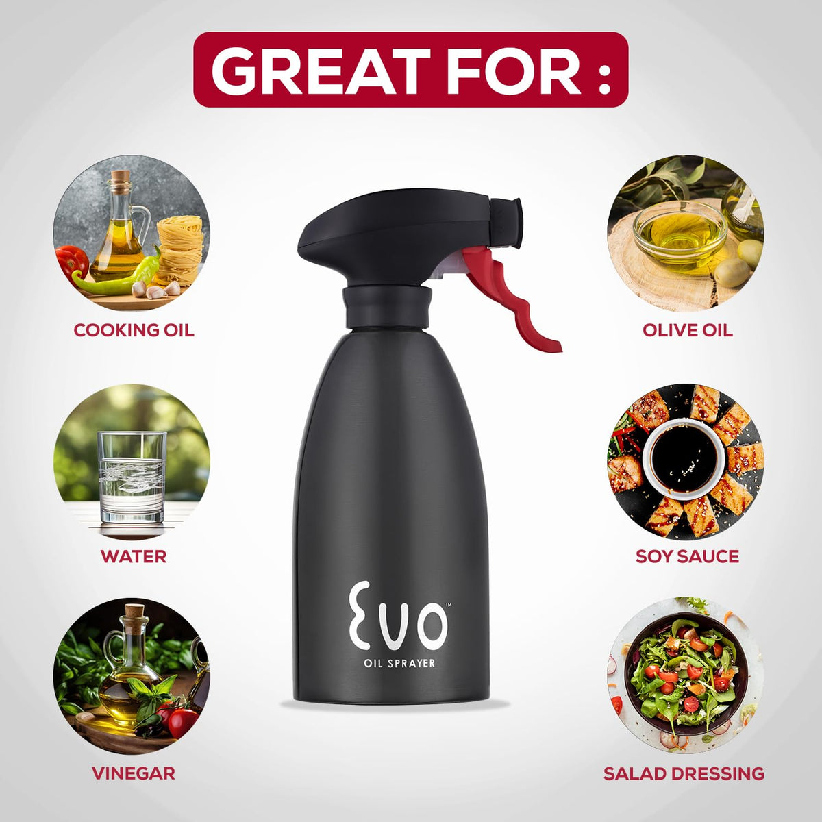 Evo Oil Sprayer non-aerosol dispenses oil without propellants