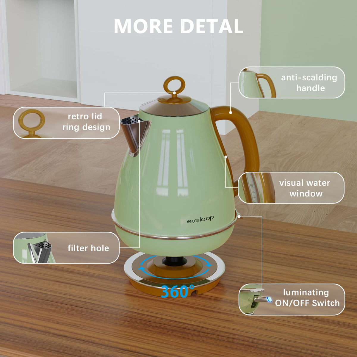Evoloop 1.7L kettle 360° base enables easy maneuvering.