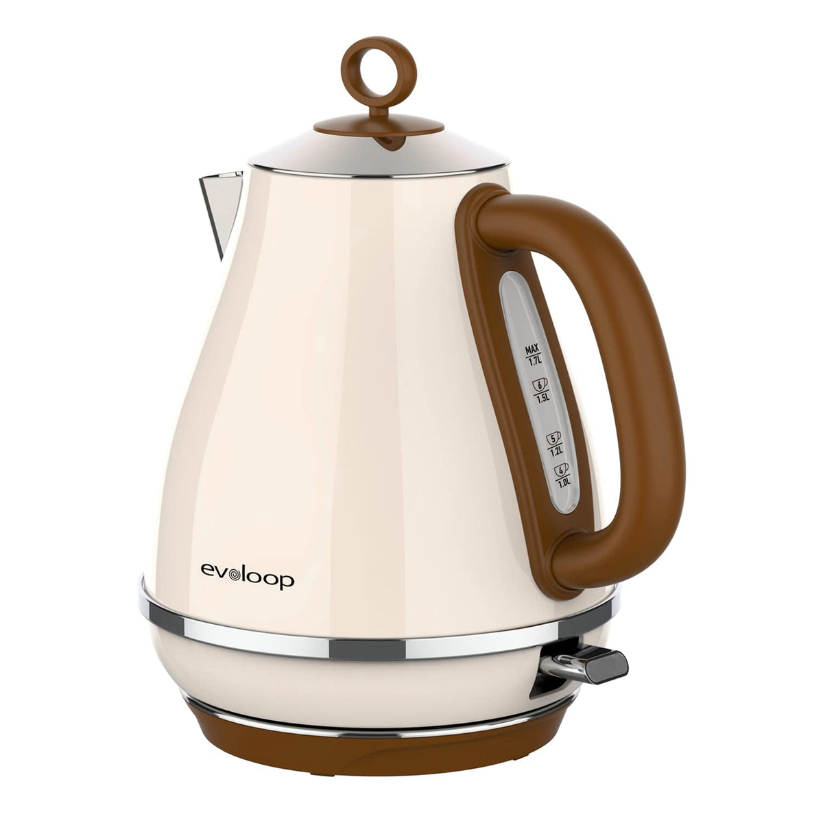Evoloop 1.7L kettle with steel body on base for fast, quiet boils.
