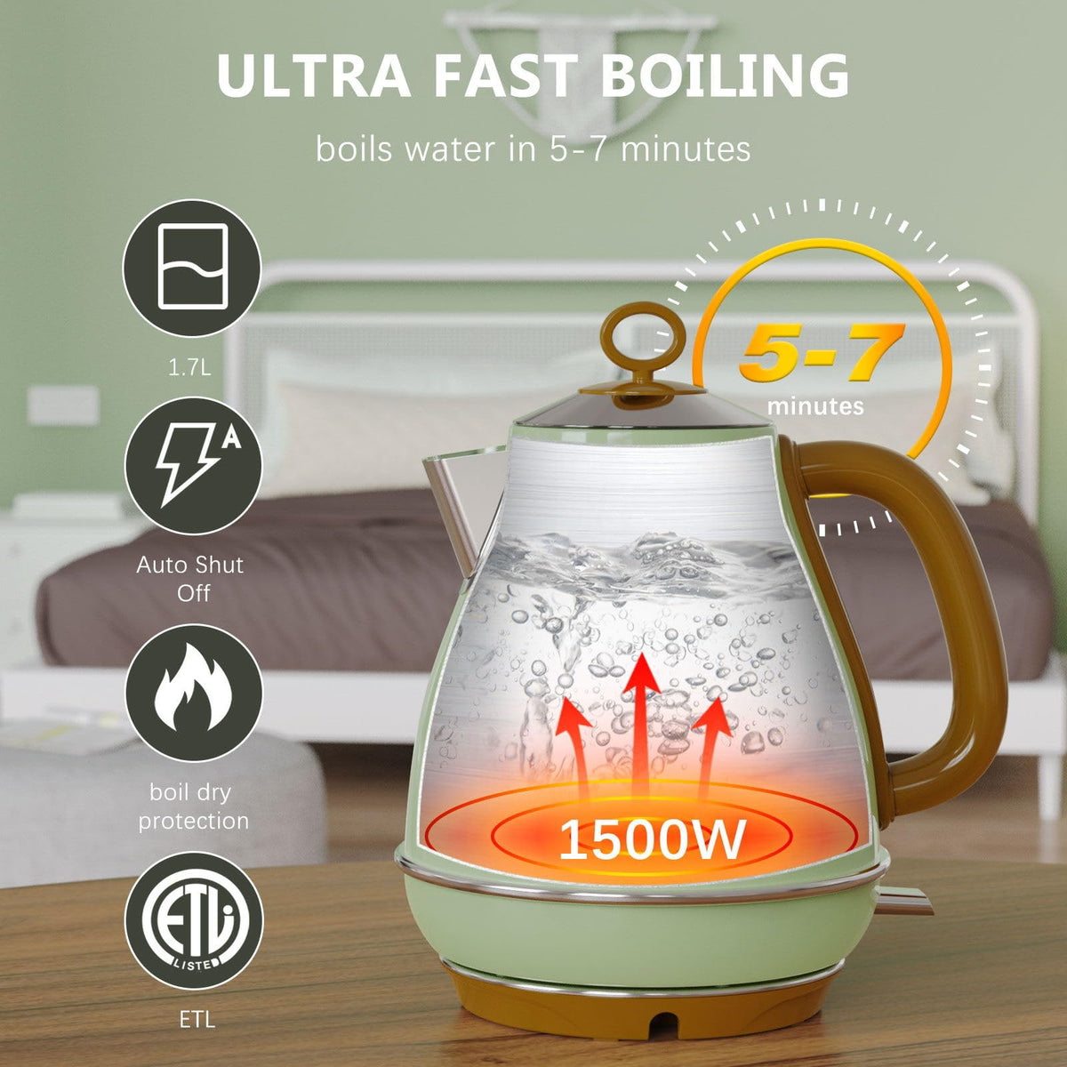 Evoloop 1.7L kettle visual water level window for accurate filling.