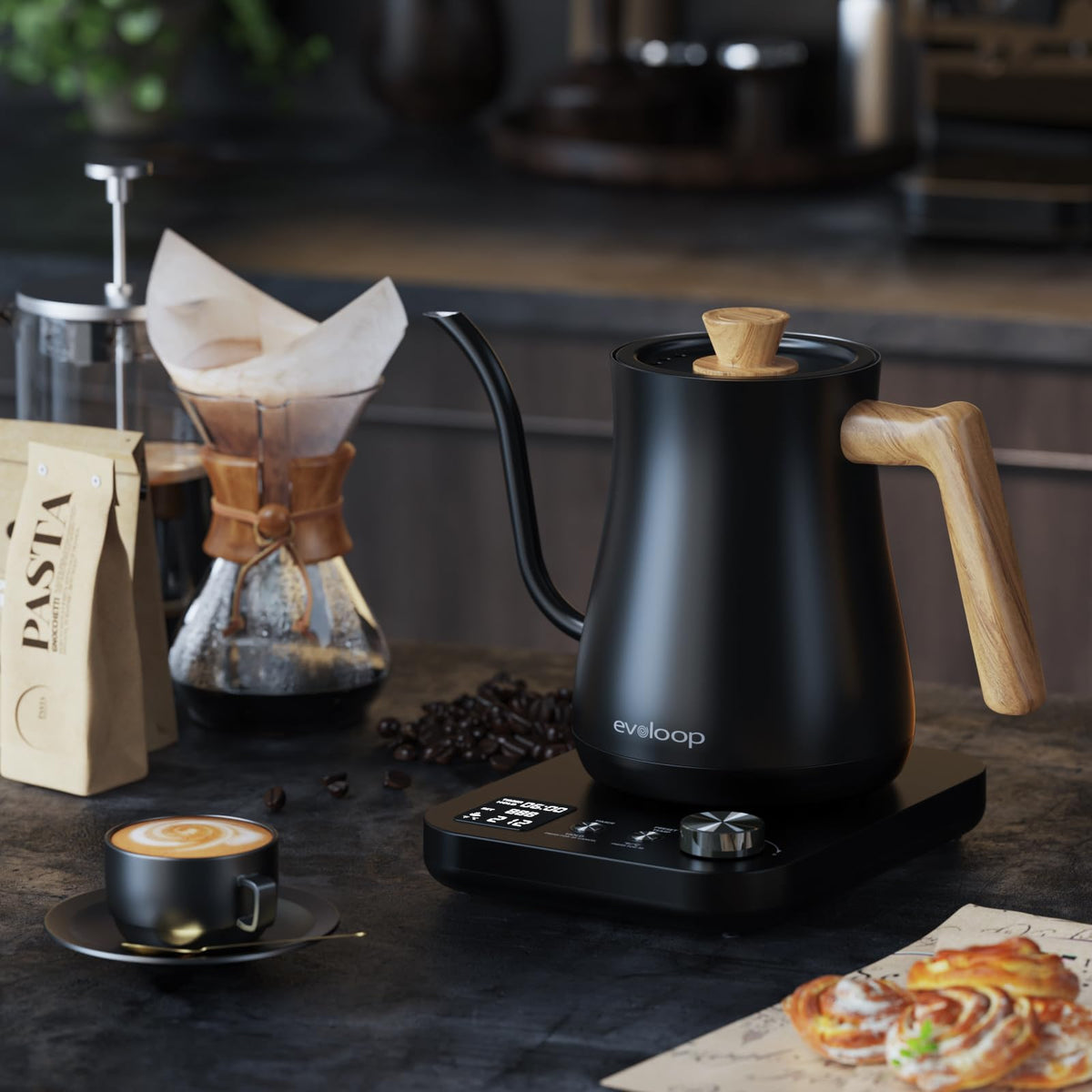 Evoloop gooseneck kettle ergonomic design enables controlled, comfortable pouring