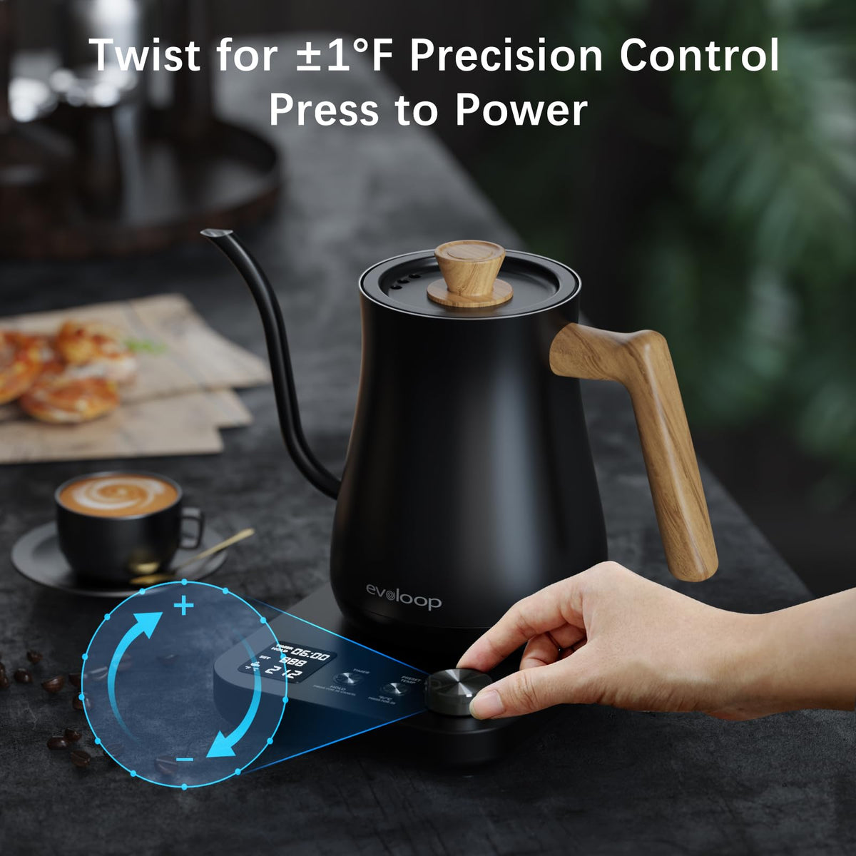 Evoloop gooseneck kettle rapid heating delivers hot water quickly for coffee or tea