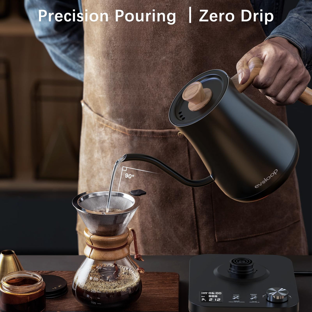 Evoloop gooseneck kettle LCD display shows temperature and timer for precise brewing