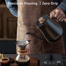 Evoloop gooseneck kettle LCD display shows temperature and timer for precise brewing