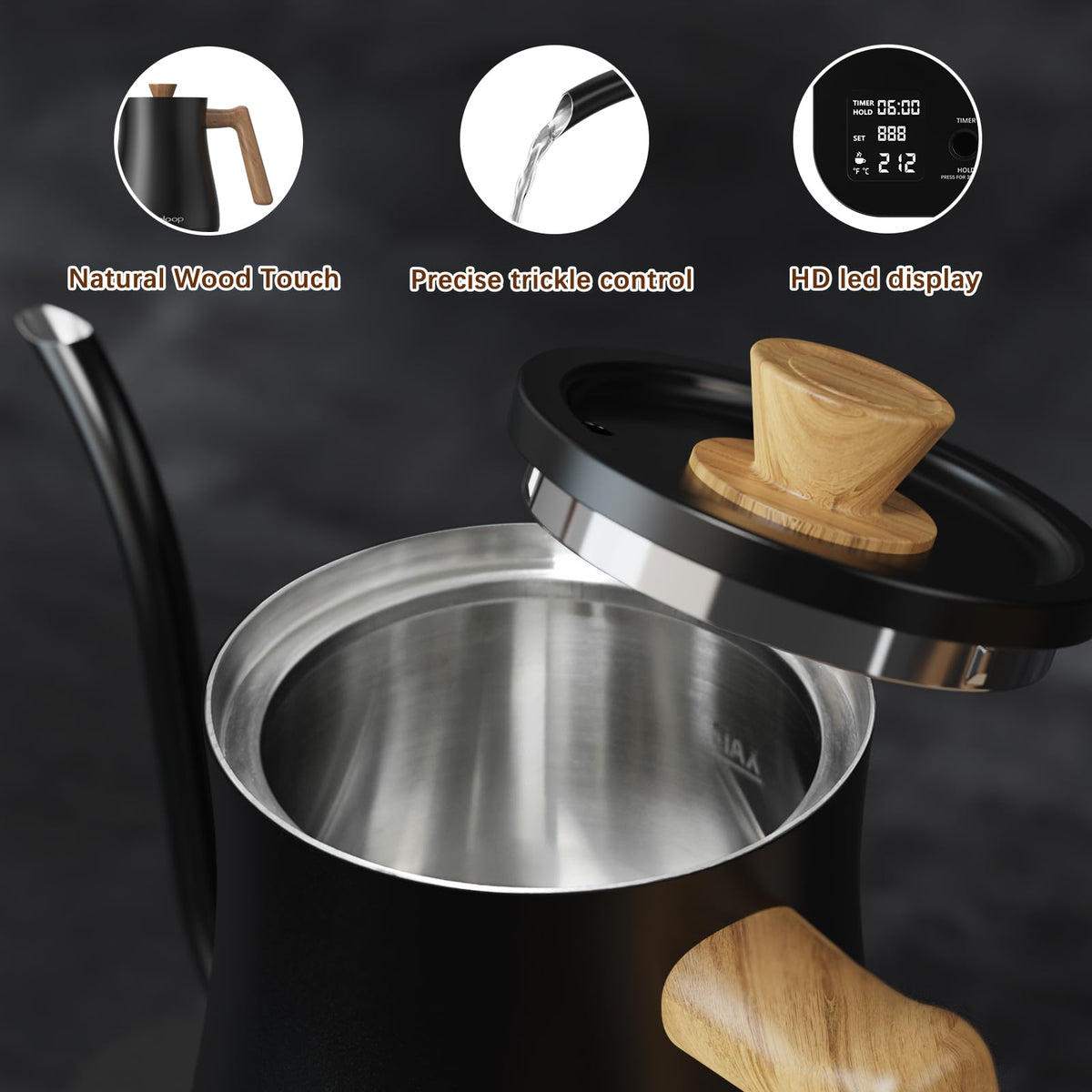 Evoloop gooseneck kettle retro wood handle adds stylish, comfortable grip