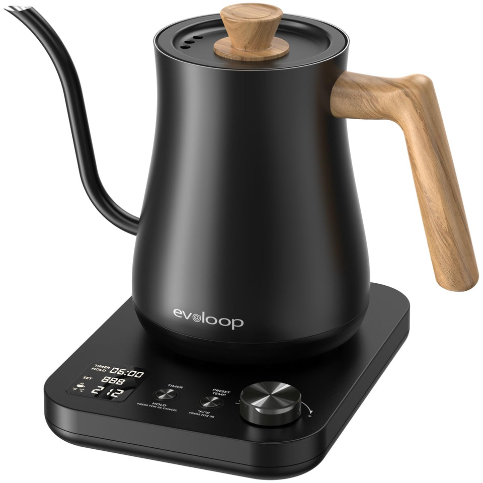 Evoloop gooseneck kettle spout close-up enables precise pour control for brew consistency